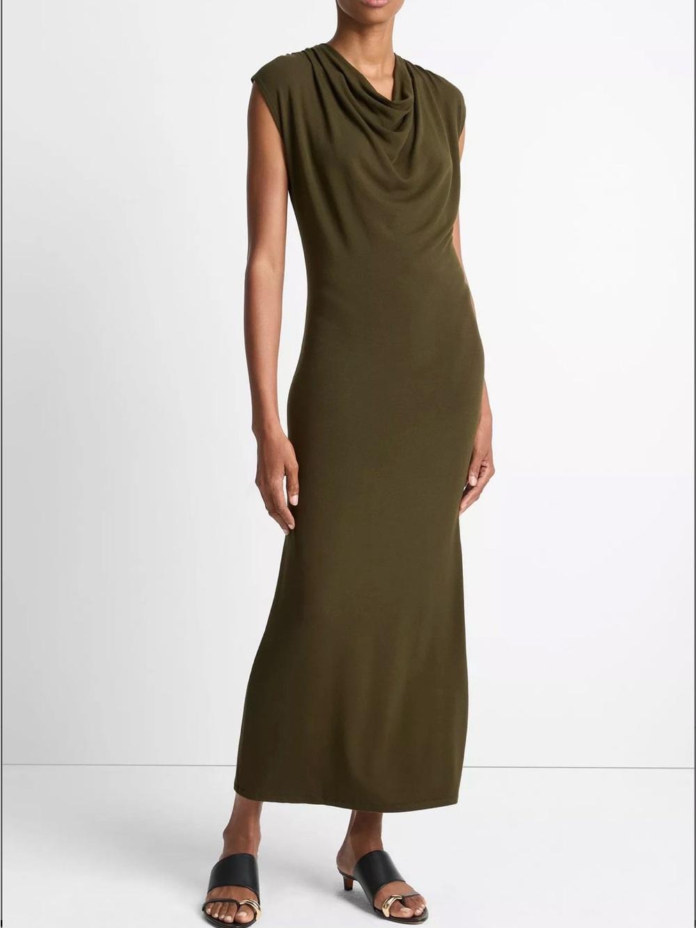 Vince Jersey Draped Cowl-Neck Dress in Olive (Verde)
